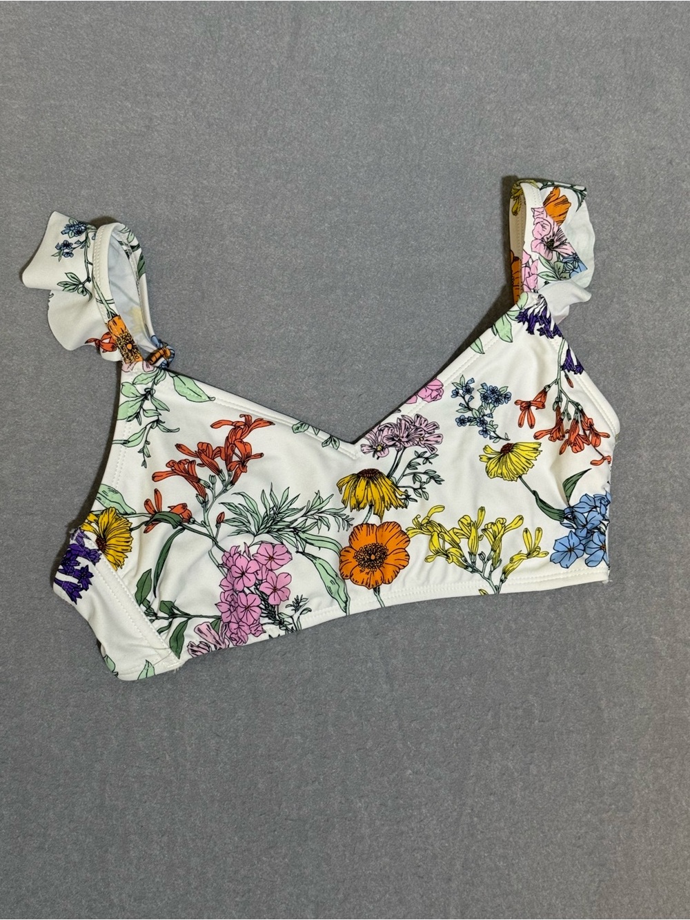 Kona Sol Floral Bikini Top Small S White Ruffle Shoulder Straps V-Neck Swim